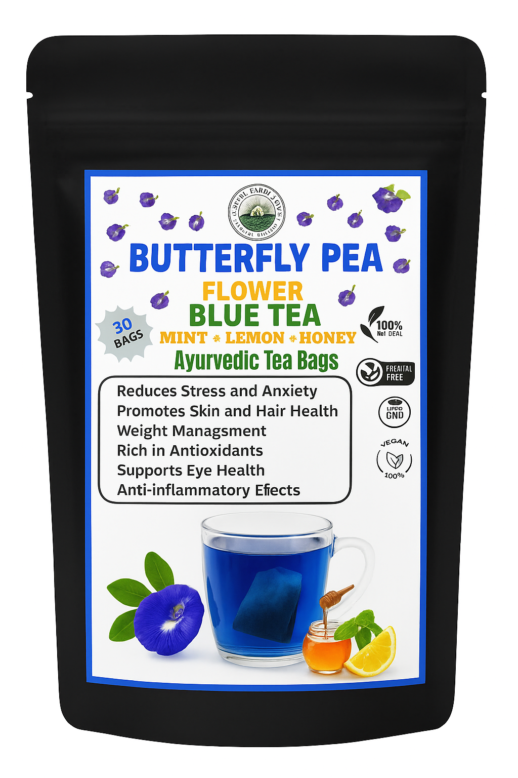 💙 30 Butterfly Pea Blue Tea Bags with Honey, Lemon & Mint – Naturally Refreshing
