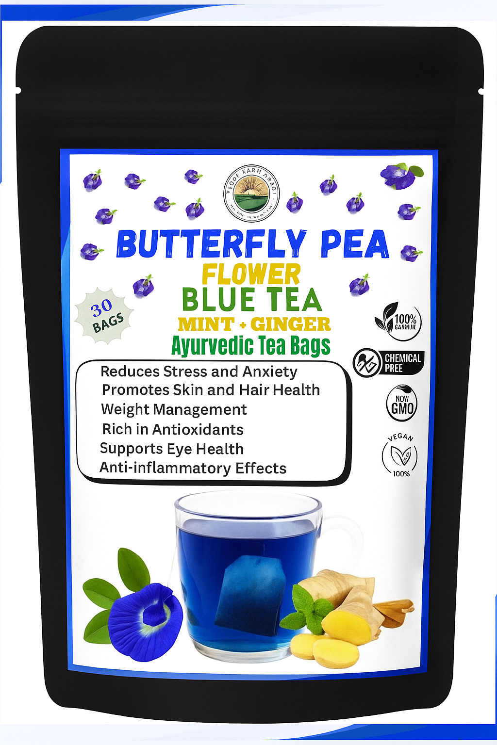 💙30 Butterfly Pea Blue Tea Bags with Ginger & Mint – Calm & Refreshing Wellness